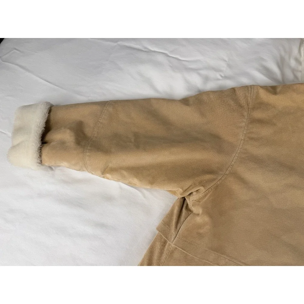 Vintage Marvin Richards Shearling Suede Leather Hooded Coat Womens L Tan